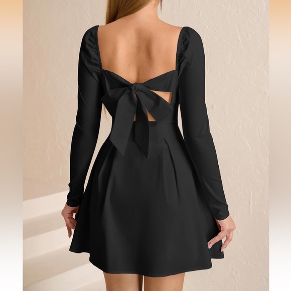 JKMNAO Long Sleeve  Mini Dress Bow Tie  SquareNeck Short M / 553 -10 - Picture 2 of 5